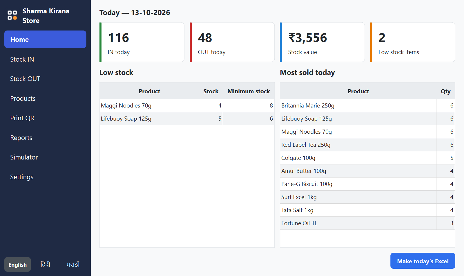 The Home screen of MaalFlow: pieces in and out today, stock value, low stock items and the most sold products